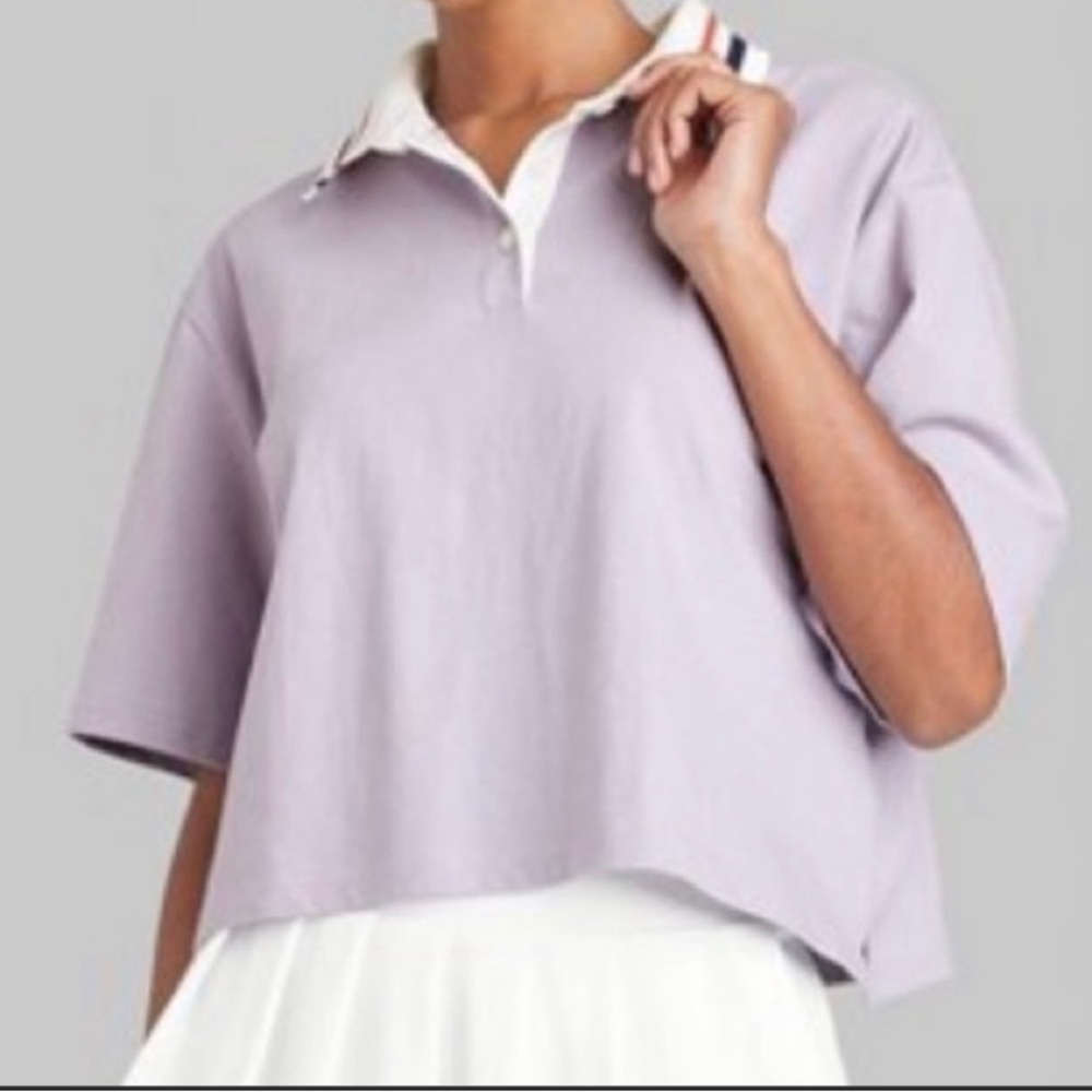 Wild Fable Lavender Short Sleeve Striped Collar Pullover Crop Top NWT